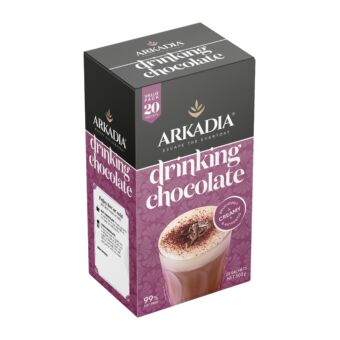 Arkadia Chai 20 Sachet Box Angle drinking chocolate front GS1