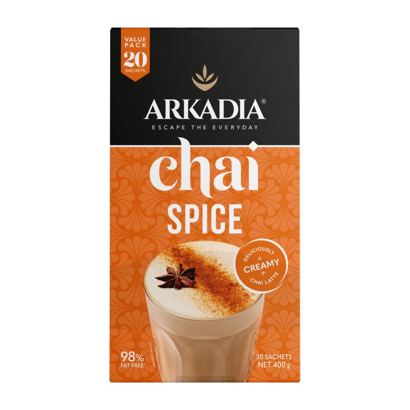 Arkadia Chai 20 Pack Sachet Box Straight chai spice front GS1