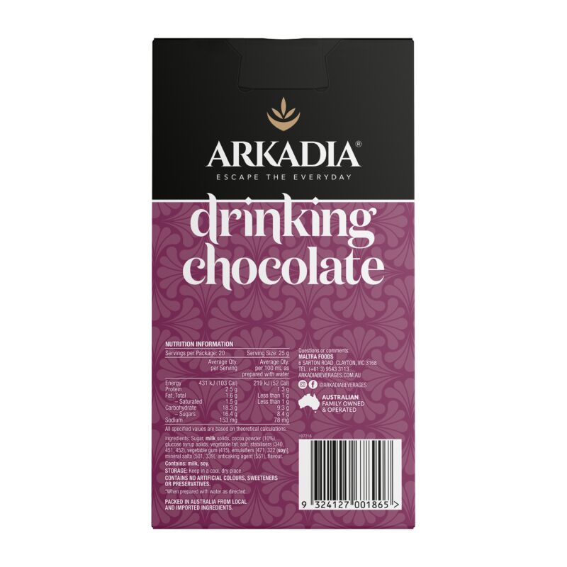 Arkadia Chai 20 Pack Sachet Box Straight drinking chocolate back GS1