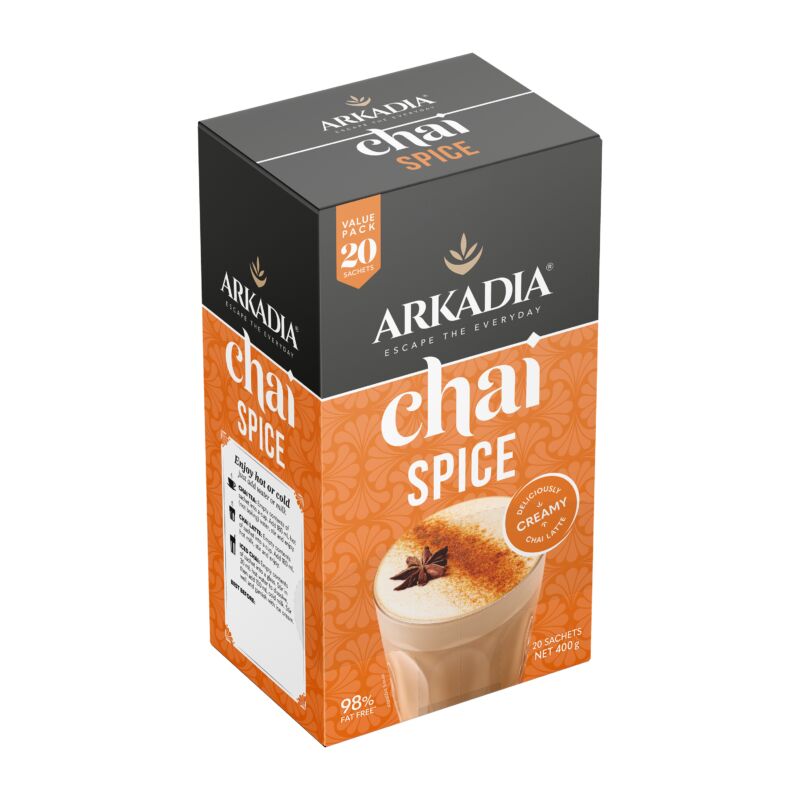 Arkadia Chai 20 Sachet Box Angle chai spice front GS1