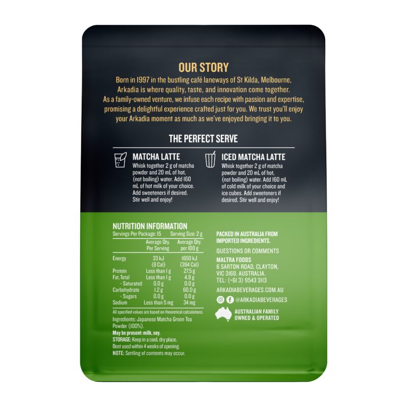 Arkadia Matcha 30g Pouch back GS1
